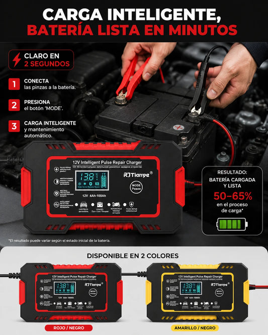Cargador de Batería Inteligente RJ Tianye 12V con Reparación de Pulso y Pantalla LCD